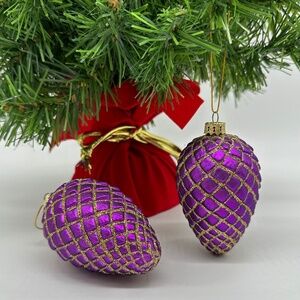 Purple and Gold Glitter Pinecone Blown Glass Christmas Ornaments Ameri Set of 2